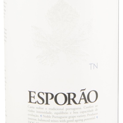 Rótulo branco de garrafa de vinho tinto com texto ESPORÃO e TOURIGA NACIONAL 2021