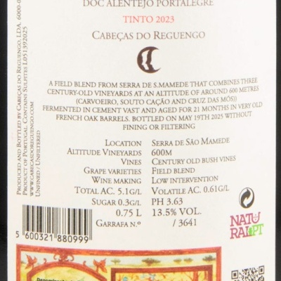Etiqueta vinho Seiva Tinto 2023 DOC Alentejo Portalegre com detalhes técnicos e selo Denominação de Origem Alentejo