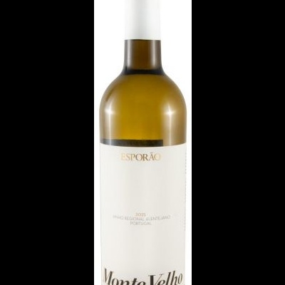 Garrafa de vinho branco Monte Velho da Esporão com rótulo branco e texto castanho e preto