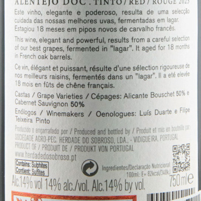 Etiqueta de vinho tinto Herdade do Sobroso Grande Reserva 2023