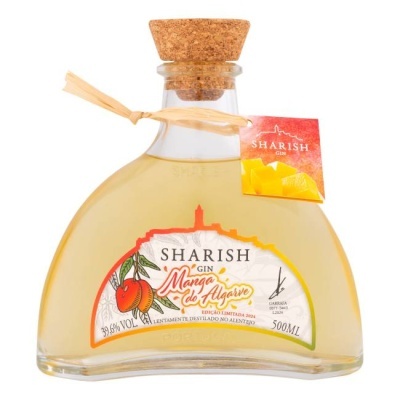 Garrafas de gin Sharish com rótulo amarelo alaranjado e rolha de cortiça