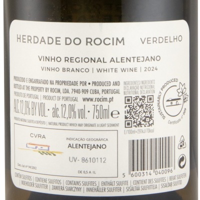 Etiqueta traseira de vinho branco Herdade do Rocim Verdelho com informações de produção e QR code.