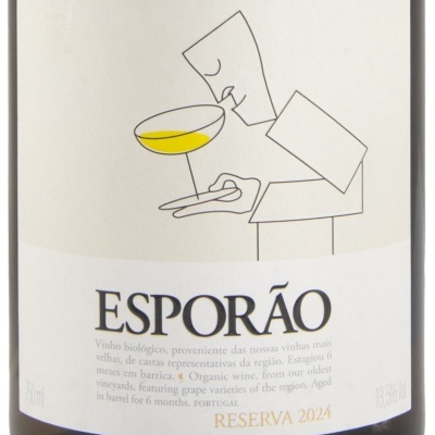 Rótulo de garrafa de vinho branco ESPORÃO Reserva 2024 com desenho e texto em português e inglês