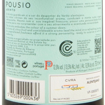 Rótulo de vinho branco Pousio Arinto com informações detalhadas e certificação