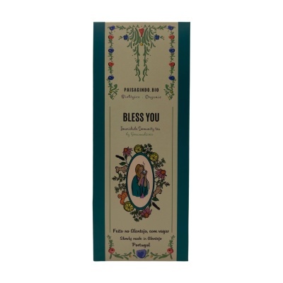 Embalagem de chá orgânico BLESS YOU com design floral e ilustração de mulher a beber chá