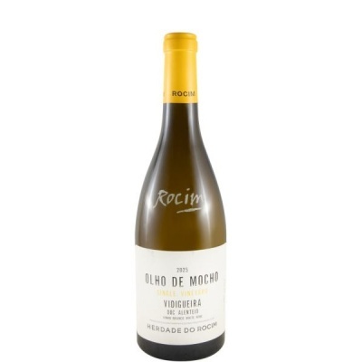 Garrafa de vinho branco OLHO DE MOCHO com rótulo branco e rolha amarela