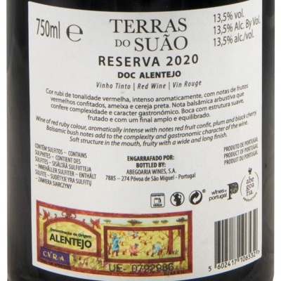 Rótulo traseiro de vinho tinto Terras do Suão Reserva 2020 DOC Alentejo com texto descritivo e selo de origem