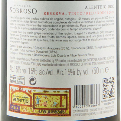 Rótulo de vinho tinto Reserva 2023 da Herdade do Sobroso com informações técnicas e de produção