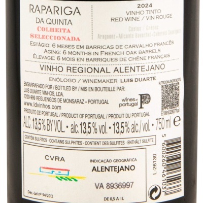 Etiqueta traseira de vinho tinto Rapariga da Quinta 2024, colheita selecionada, 13,5% álcool, 750 ml, Alentejano.