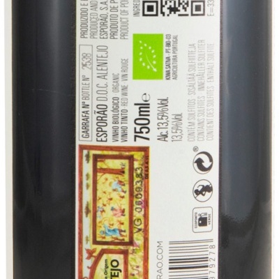 Rótulo de vinho tinto biológico Esporão D.O.C. Alentejo com detalhes e código de barras