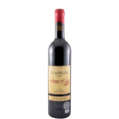 Garrafas de vinho tinto Guadelim 2014 com rótulo creme e tampa vermelha