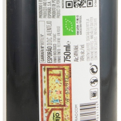 Rótulo traseiro de garrafa de vinho orgânico tinto ESPORÃO D.O.C. ALENTEJO 750 ml