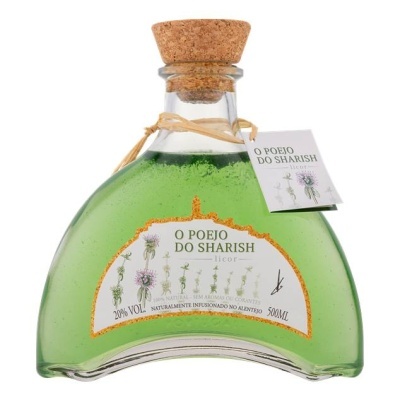 Garrafa de licor verde O POEJO DO SHARISH com rolha de cortiça e etiqueta branca