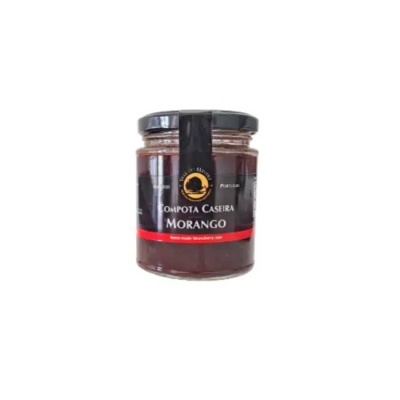 Frasco de compota caseira de morango com rótulo preto e vermelho
