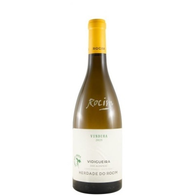 Garrafa de vinho branco Herdade do Rocim Vidigueira Vindima 2025 com tampa amarela.