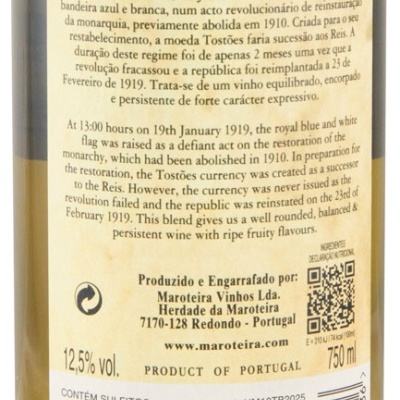 Etiqueta de vinho branco DEZ TOSTÕES 2025, vinho regional Alentejano, texto histórico e dados do produtor em fundo creme.