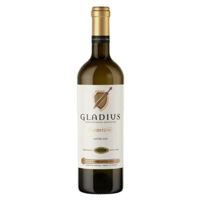 garrafa de vinho branco Gladius Premium com rótulo branco e dourado