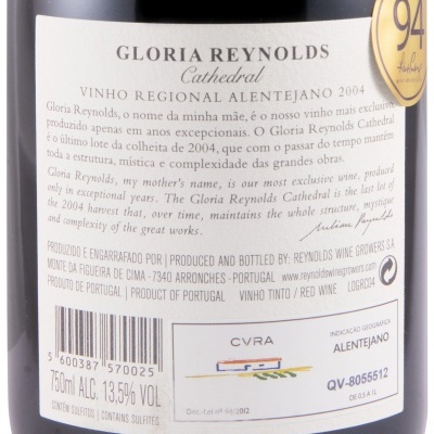 Etiqueta de vinho Gloria Reynolds Cathedral 2004 com selo RP 94 e informações do produto.