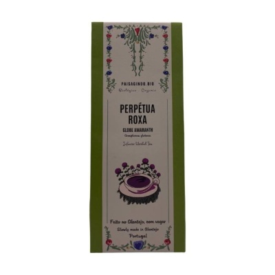 Embalagem de infusão Perpétua Roxa com bordas verdes e decoração floral