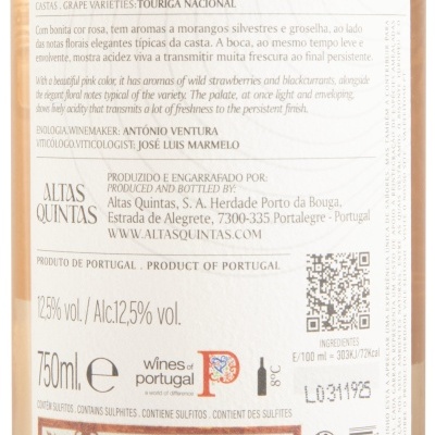 Rótulo de vinho rosé DOC Alentejo com texto detalhado e selo de origem