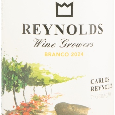 Rótulo de vinho branco Reynolds com ilustração de vinhas e texto