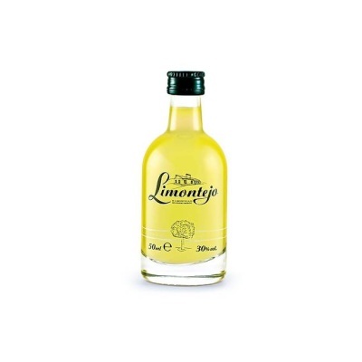pequena garrafa de vidro com licor amarelo Limontejo 50 ml 30% vol