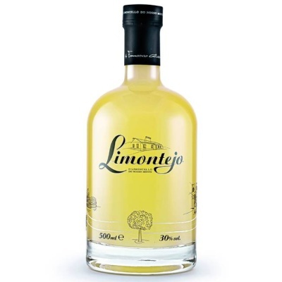 Garrafa de licor amarelo claro Limontejo com texto e ilustrações pretas