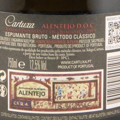 Etiqueta de vinho espumante Cartuxa Alentejo D.O.C. com informações de volume e teor alcoólico