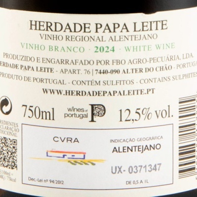 Etiqueta de vinho branco Herdade Papa Leite 2024, 750 ml, 12,5% vol