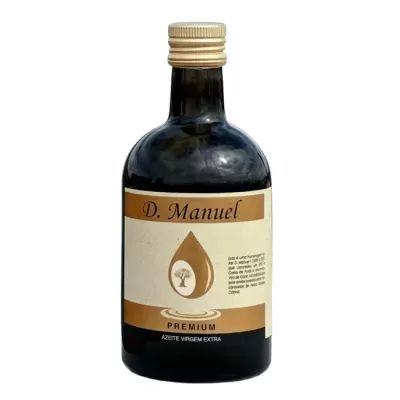Garrafa de azeite virgem extra D. Manuel com rótulo bege e dourado