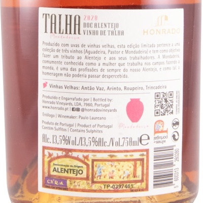Rótulo de vinho Talha Mondadeira 2020 com informações de produção e composição
