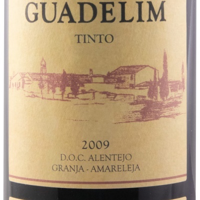 Garrafa de vinho tinto Guadelim Reserva 2009 com rótulo amarelo e detalhes em vermelho e preto