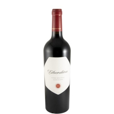 Garrafa de vinho tinto Liberalitas com rótulo branco e tampa vermelha