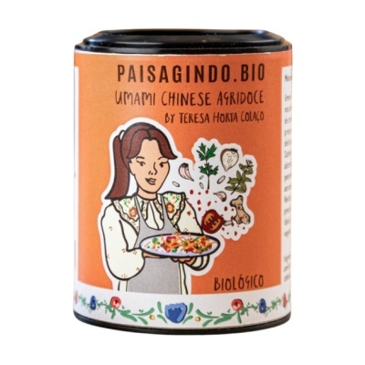 Embalagem de produto com rótulo laranja e ilustração de mulher e especiarias