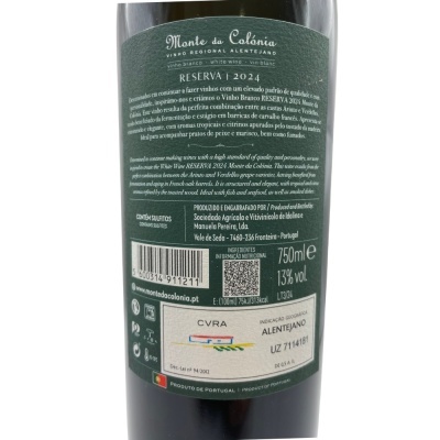 Rótulo de vinho branco Monte da Colónia Reserva 2024 com informações de produção e armazenamento