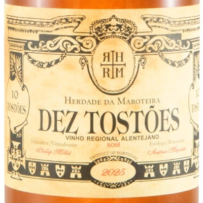 Rótulo de vinho rosé Dez Tostões, Vinho Regional Alentejano, com o ano 2025 e nomes do viticultor e enólogo