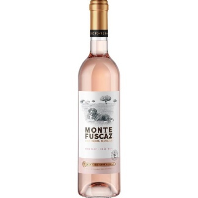 Garrafa de vinho rosé Monte Fuscaz com rótulo branco e imagem de cão em campo