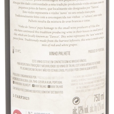 Rótulo de vinho DO TARECO Anno 2023 com descrição e informações de produção e conteúdo.