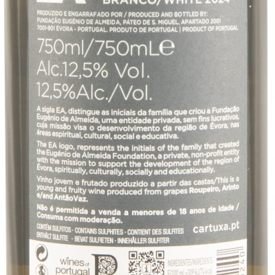 Etiqueta de vinho branco regional Alentejano Cartuxa de 750ml com texto descritivo e código QR