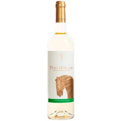 Garrafa de vinho branco Pero DAlter com rótulo branco e dourado e desenho de cavalo.