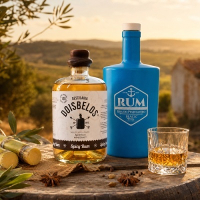 Duas garrafas de rum e um copo com bebida sobre uma superfície de madeira ao ar livre ao entardecer