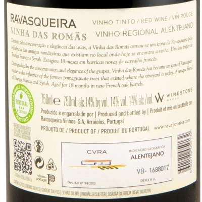 Rótulo de vinho tinto Ravasqueira Vinha das Romãs de 750ml com texto e certificação em fundo branco