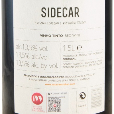 Etiqueta traseira de garrafa de vinho tinto Sidecar de Portugal