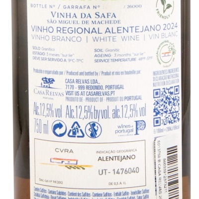 Etiqueta traseira de vinho branco Sauvignon Blanc da Vinha da Safa, Alentejo, 2024