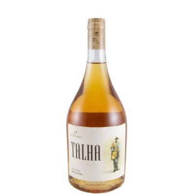 Garrafa de vinho branco Talha com rótulo branco e ilustração de homem com roupa tradicional