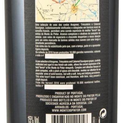 Etiqueta traseira de garrafa de vinho Monte do Pintor Reserva 2018 com texto e mapa