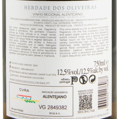 Etiqueta traseira de vinho branco Herdade dos Oliveiras, Alentejano, 750ml, 12,5% volume alcoólico