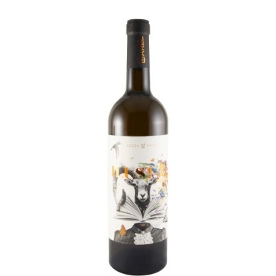 Garrafa de vinho com rótulo ilustrado de cabra e livro aberto