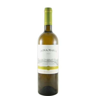 Garrafa de vinho branco Dona Maria 2025 com tampa verde e rótulo branco