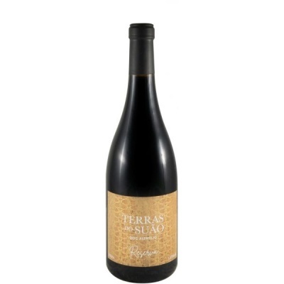 Garrafa de vinho tinto Terras do Suão com rótulo amarelo texturizado